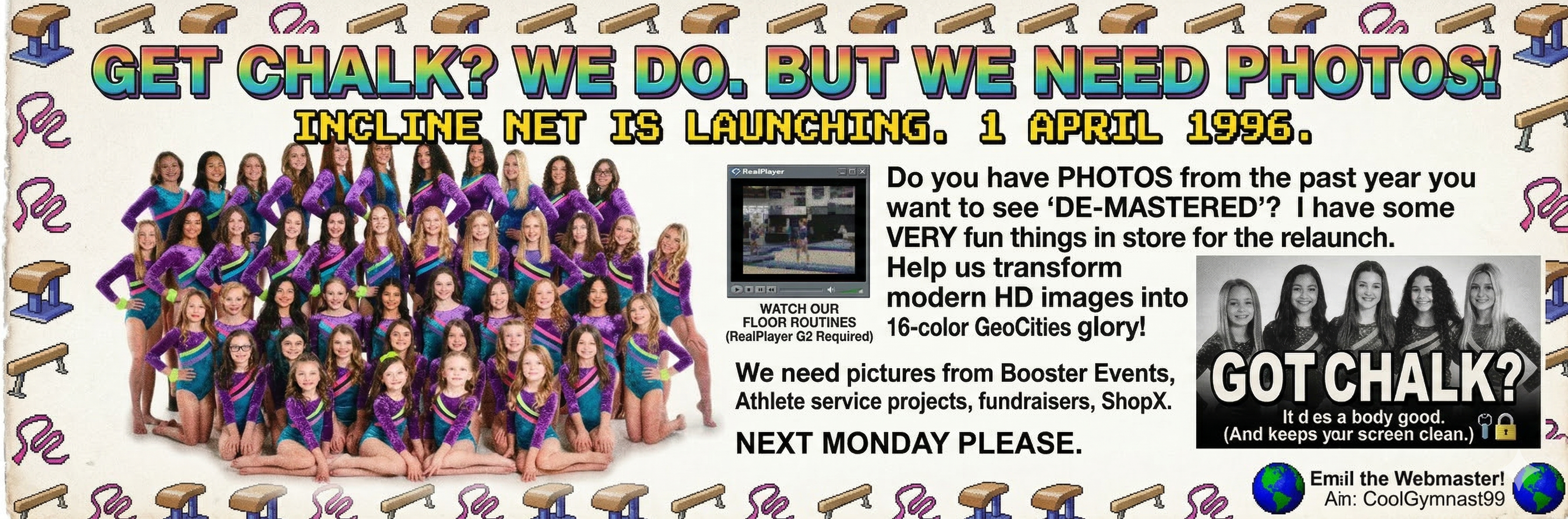 GET CHALK? WE DO - retro GeoCities banner requesting photos for the Incline Net launch